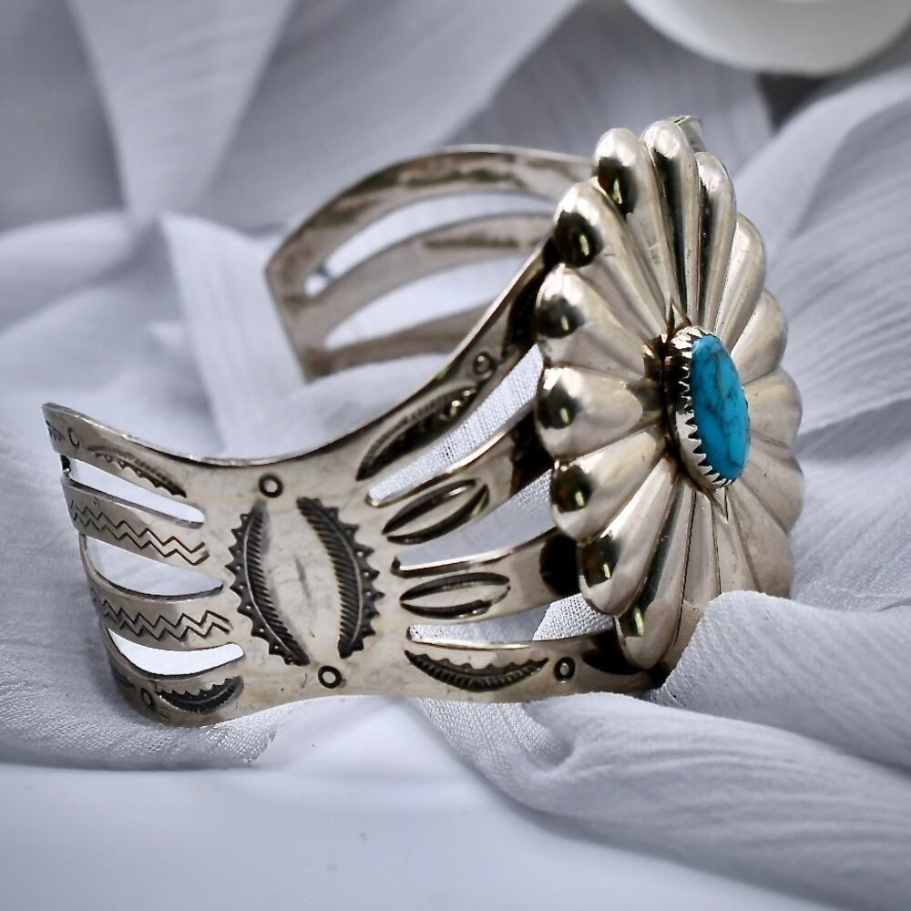 Vintage Bell Trading Post Nickel Silver Turquoise Cuff Bracelet Size 7 - Picture 6 of 11